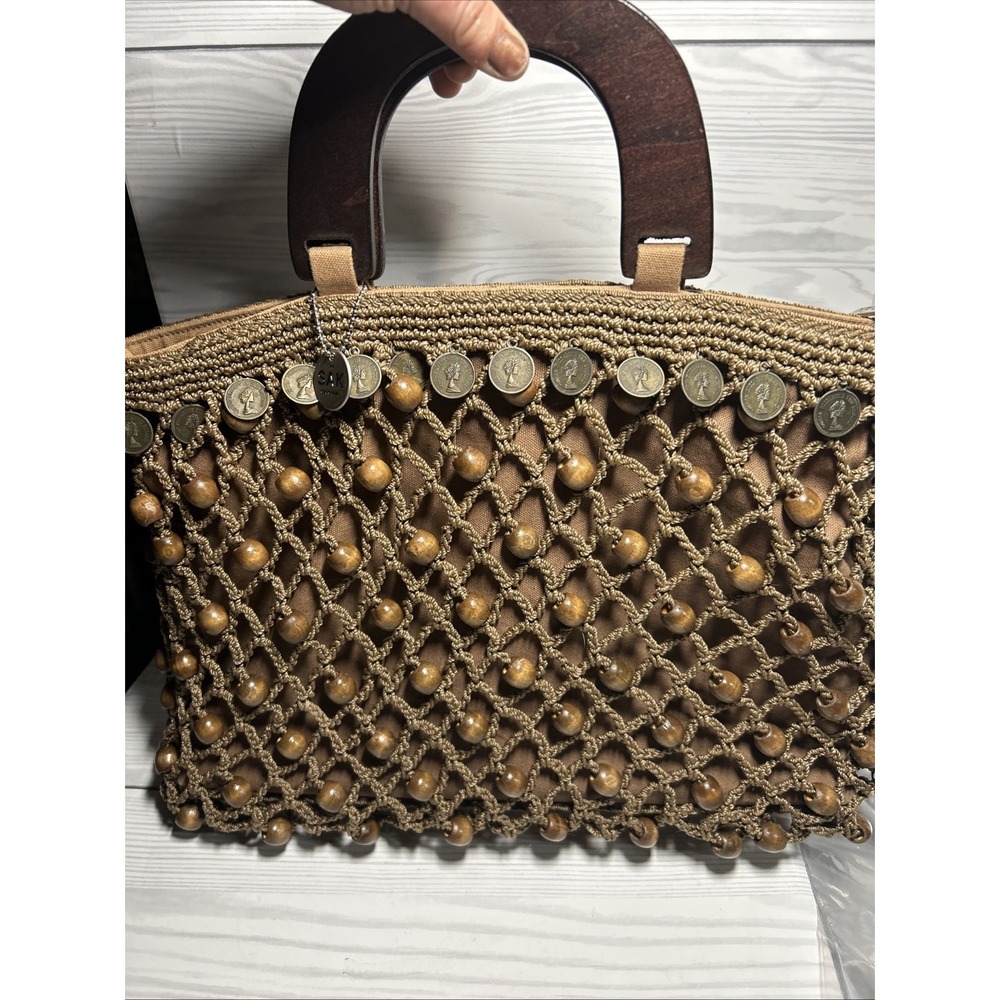 "THE SACK" Crocheted Beaded Purse With Wooden Handles Brass Coin Trim Excellent